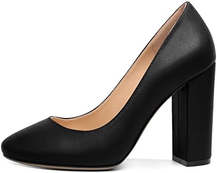 SAMMITOP Women's Round Toe High Heels Block Heel Pumps Chunky Heels Office Dress Shoes 4 Inches Comfort Office High Heels Size Matte Black 9 US M