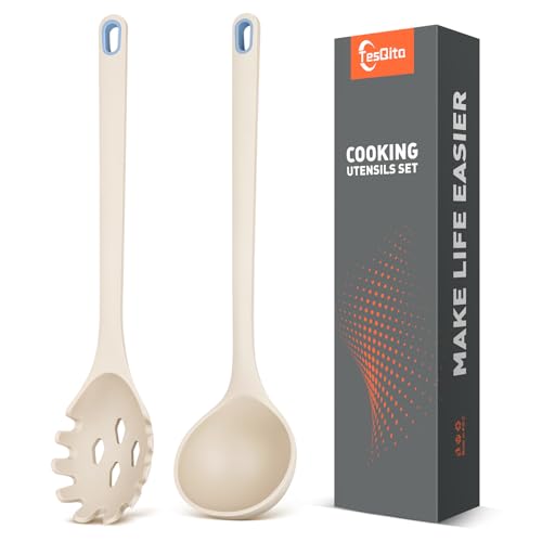 Silicone Spaghetti Spoon&Soup Ladle Cooking Utensils Set of 2,No Scratch for Nonstick Cookware,BPA Free, 450℉ Heat Resistant (KHAKI) by TesQita - Used condition - US$11.90