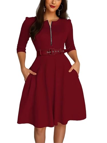 SISKIN Women's 3/4 Sleeve Belted A Line with Pocket Casual Crewneck Waist Swing Dress for Women 2025