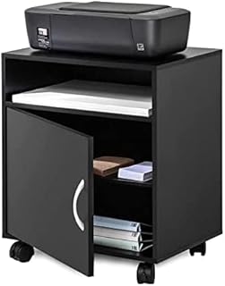 Suporte de impressora Suporte de impressora móvel Armário de armazenamento de escritório Carrinho de trabalho multifuncional de madeira com rodas Montagem fácil Suporte de impressora preto para mesa