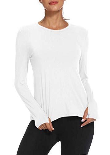 Mippo Long Sleeve Wokout Tops for Women Loose Fit Yoga Exercise Tops Open Back Workout Thumb Hole Shirts Running Fitness Clothes Long Tank Tops Scoop Neck Sports Activewear 2020 White S