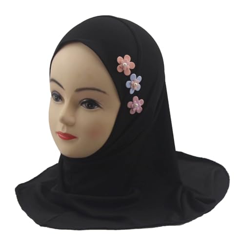 Girls Muslim Hijab Arab Scarf Islamic Headscarf for Kids with 3 Flowers3
