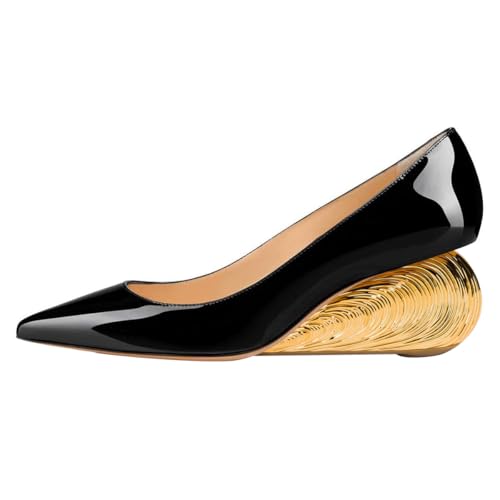 FSJ Women Pointed Toe Wedge Pumps Slip On Golden Wave Low Heels Basic Wedding Party Comfort Dress Shoes Size 4-16 US2