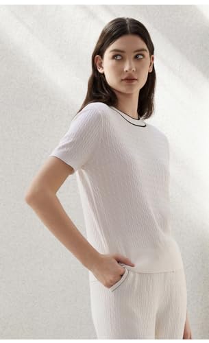 Luxury Cable Knit Short Sleeve Sweater, Crew Neck, White with Black Trim, Wool Silk Blend,24BC-2 (US, Alpha, Medium, Regular, Regular, White)3