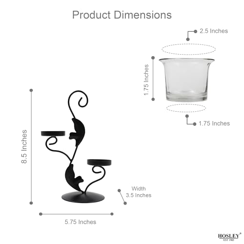 Image of Hosley Clear Glass Tealight Candle Holders|Black Tealight Candle Holders with Glass Holders Perfect for Home Decor, Birthday, Wedding, Parties,Tabletop,Centerpiece| 2-Cup Centrepiece, with Pack of 2 Tealights