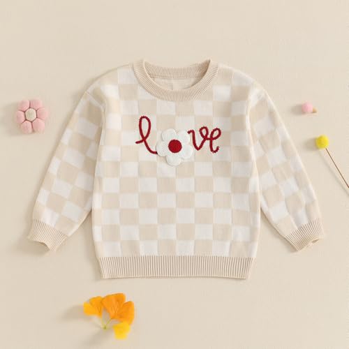 Kid Girl Checkered Sweater Letter Flower Embroidery Crew Neck Long Sleeve Knitted Jumper Pullover Tops2