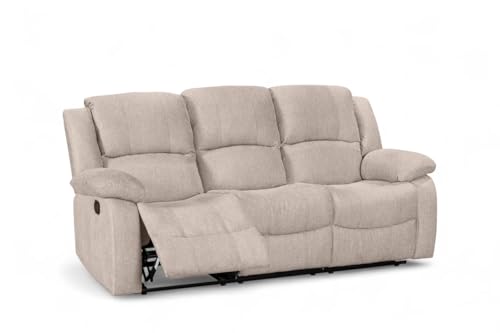 Image of Beige Woven Fabric 3 Seater Recliner Sofa | Manual Lever, 3 Positions, Easy 160° Recline | Elegant Heathered Upholstery | Ideal for Elderly, Loveseat for Lounge, Gaming Room or Living Room | VARESA