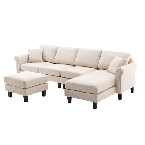 Image of Nathan 6 Seater L Shape Sofa with Centre Table | 6 Seater Sofa Set for Living Room | Premium Fabric Sofas (Nathan Cream, RHS)