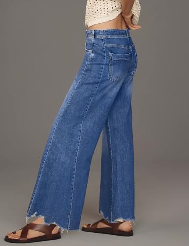 PHISOCKAT Women's Wide Leg Baggy Jeans Mid-Rise Loose Flare Jeans with Frayed Hem Stretchy Denim Pants with Pockets Y2K3