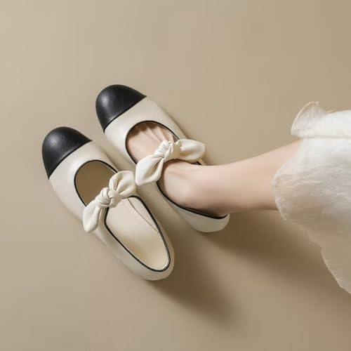ChaiRong Zhou Women Cute Bowknot Pu Leather Shoes Soft Insole Round Toe Low Heel Ballet Flats Lightweight Dress Prom Party Office Shoes4