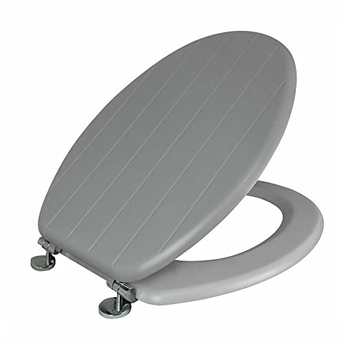 Wooden Adjustable Toilet Seat Tongue & Groove Design Chrome Plated Hinges Fixings Included (Grey)
