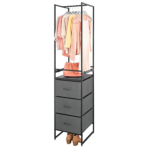 mDesign Modular Closet Organizer System Storage Unit, Sturdy Steel Frame, Fabric Bins Garment Rack for Bedroom, Hallway, Entryway, Textured Print, 3 Drawers, Garment Rack - Dark Gray Black