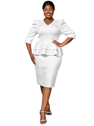AOMEI Women's V Neck Peplum Jacquard Midi Dress Wear to Work 3/4 Puff Sleeve Sheath Dresses for Women 2025 Office