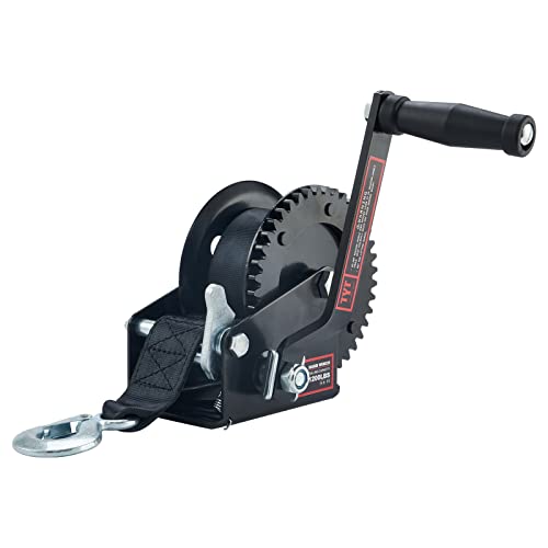 TYT 1200LB Boat Trailer Strap Winch with 8M Black Rope Standard Mounting Hole Crank Hand Winch with Hook Two Way Ratchet Manual Gear Winch for Towing Pulling Boat Trailer Truck RV ATV Jet Ski Winch