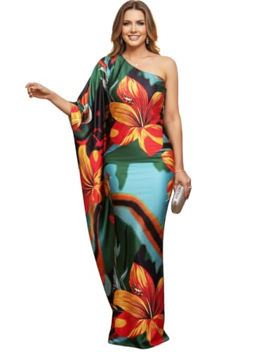 Image of KOH KOH Womens Long One Shoulder Hawaiian Flower Print Cocktail Maxi Dress