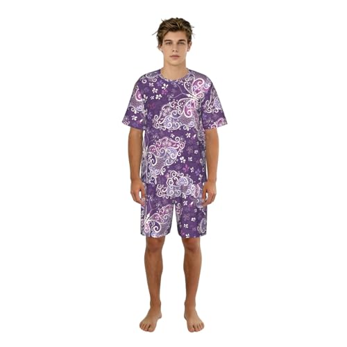 Pyjama court hommes imprimé papillons violets avec poches vêtement détente été