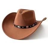 Lanzom Women Men Classic Felt Wide Brim Western Cowboy Cowgirl Hat with Belt Buckle (Khaki, Large-X-Large)