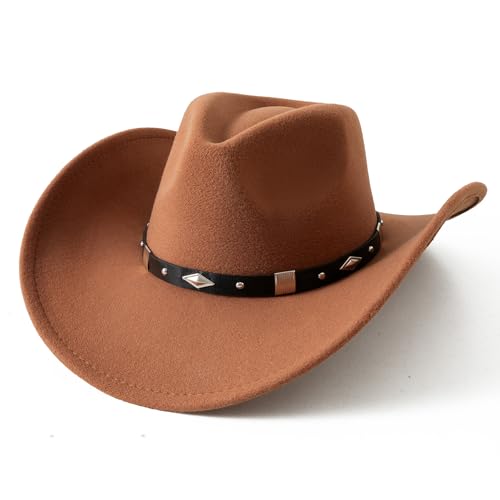 Lanzom Women Men Classic Felt Wide Brim Western Cowboy Cowgirl Hat with Belt Buckle (Khaki, Large-X-Large)