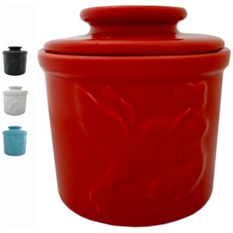 JBK Pottery Ceramic Butter Crock with Lid, French Butter Dish for Counter, Butter Keeper for Fresh, Spreadable Butter – Red Cover