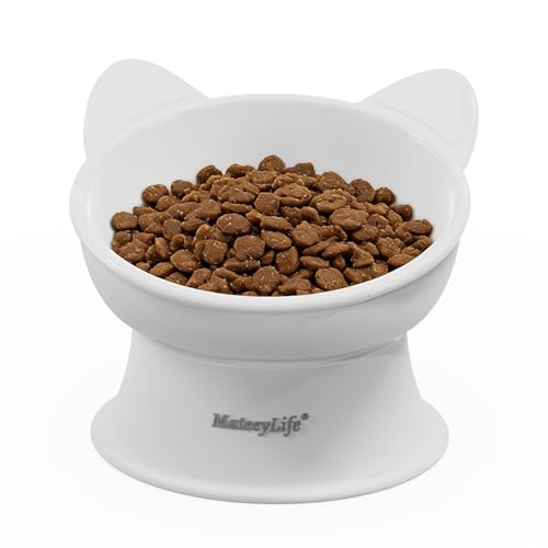 MateeyLife Raised Cat Bowls, Cat Food Bowl Elevated for Kittens & Small Dogs, 15°Tilted Protect Pets' Neck and Anti Vomiting, Whisker Friendly Food & Water Feeding Bowl, 6 oz Each - White