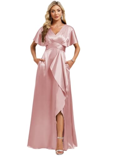 Image of Elegant Satin Bridesmaid Dress with Sleeves Ruffles High Silt Formal Dresses Long for Women Fall DIN022