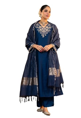 Image of Klosia Women Embroidery Solid Straight Kurta and Pant Set with Dupatta