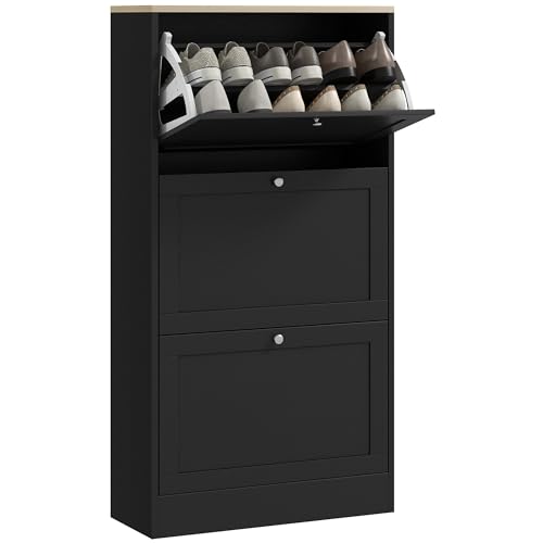 HOMCOM Zapatero Estrecho con 3 Puertas, Zapatero Entrada Recibidor con Estantes Ajustables, para 18 Pares de Zapatos, 60x23,5x115 cm, Negro