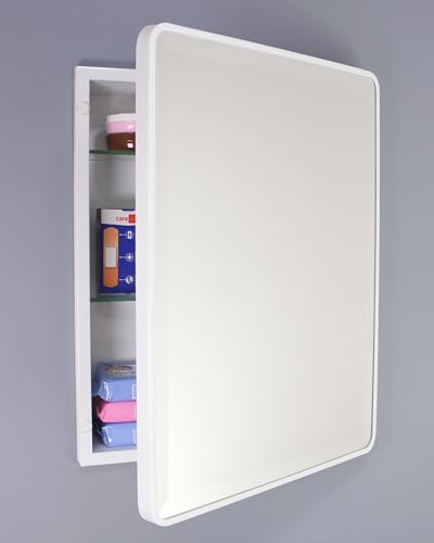 Image of 16x20 Austin Farmhouse Metal Framed Rounded Rectangle Recessed Bathroom Medicine Cabinet, Beveled Mirror, 14x18 in-Wall Opening, powder-coated Steel, Adjustable Glass Shelves, Magnet Close, White
