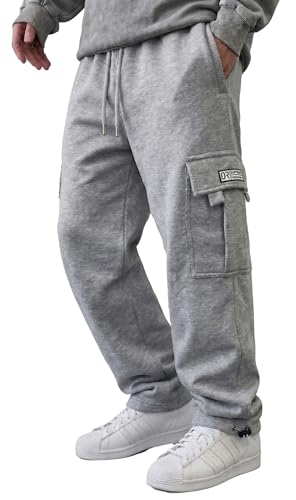 HUNGSON Mens Cargo Sweatpants Drawstring Casual Hiking Pants Joggers Athletic Trousers Cotton Loose Straight Pants for Men Grey Heather