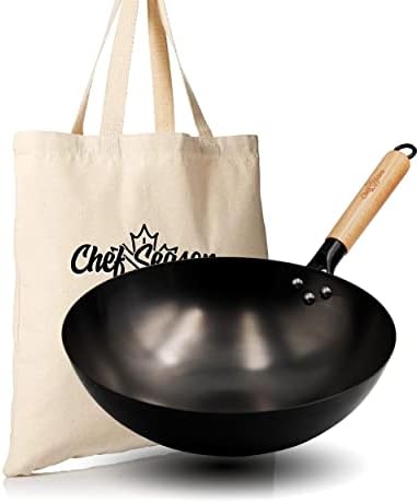 ChefSeason Carbon Steel Wok, 12.6" Round Bottom Wok Pan for Stir-Frying, Large Uncoated Nonstick Chinese Wok, Pre-Seasoned Deep Pow Wok for Gas Cooktops, Free Shopping Bag