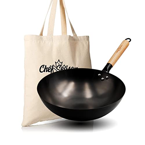 Chefseason Carbon Steel Wok, 12.6" Round Bottom Wok Pan For Stir-Frying, Large Uncoated Nonstick Chinese Wok, Pre-Seasoned Deep Pow Wok For Gas Cooktops, Free Shopping Bag #TOP17