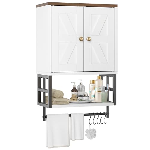 FUNHUKSON Farmhouse Medicine Cabinet - 3-Tier Wall Mounted Storage Organizer with Adjustable Shelves, Towel Bar, 5 Hooksfor Small Bathroom, Laundry Room, Over Toilet, Living Room, Bedroom (White)