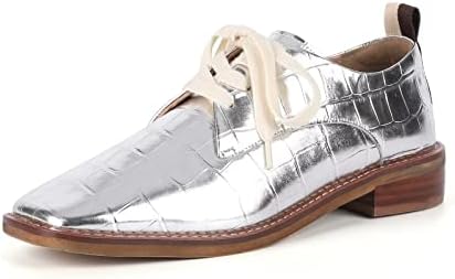 ALLASWISH Women's Classic Loafers Flats Square Toe Leather Low Heels Work Office Dress Oxford Shoes，GLC342-841 Silver, Size 9