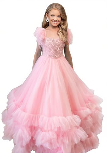 Girls Pageant Dresses Princess Long Tulle Feathers Sequin Dress Birthday Party Girls Ball Gown