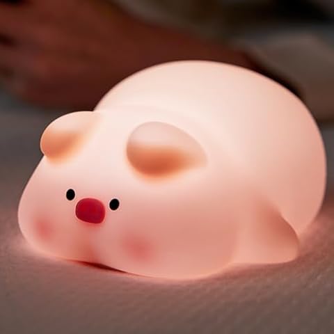 XXMANX Pink Pig Night Light for Kids,Silicone Rechargeable Piggy Squishy Cute NightLight,3 Level Dimmable Touch Baby Night Lamp,Nursery Kawaii Room Decor Timer Lamps for Girls Boy Gift Cover