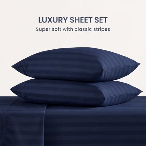 Image of Queen Size Bedsheets for Single Bed 600 TC - Cotton Elastic Fitted Sheet (66 x 75 Inches) with 10 Inch Drop- Color Navy Blue Stripe [ Fitted Sheet with 2 Pillow Cover]