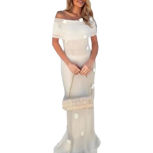 Women Crochet Knit Cover Ups 2025 3D Floral Mesh Dresses Off The Shoulder Ruched Knitted Dres Slim Fit Tube Maxi Dress White Medium