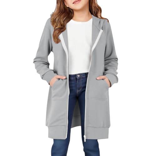 Fall Long Coat for Girls Loose Long Sleeve Preppy Solid Zip Up Hoodies Kids Fall Jacket Warm Lightweight Dress Coats