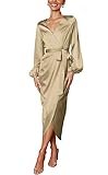 Womens Wedding Guest Dresses Deep V-Neck Belted Split Satin Formal Dress Khaki L