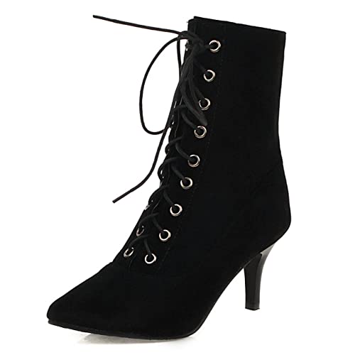UniqueStride Womens Lace up Stiletto High Heel Ankle Boots Pointed Toe Faux Suede Retro Ankle Booties2