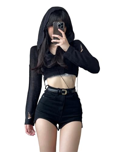 Image of Women Knitted Hoodie Sweater Vest Sexy Sleeveless Hollow Out Hooded Crop Top Streetwear Rave Oufit