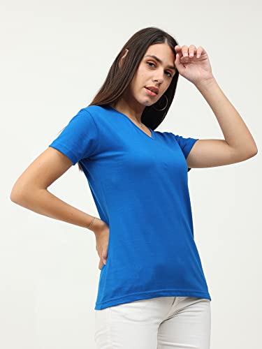 Image of FLEXIMAA Women's Cotton Plain V Neck Half Sleeve T-Shirt