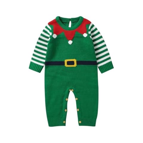 mimixiong Christmas Outfit Baby Boy Girl Striped Knit Sweater First Christmas Outfit Xmas Romper Elf Santa Clothes 12-18Months Cover