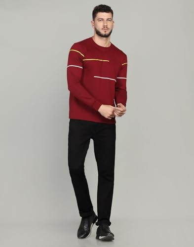 Image of INKKR Striped Men's Round Neck Maroon Full Sleeve T-Shirt