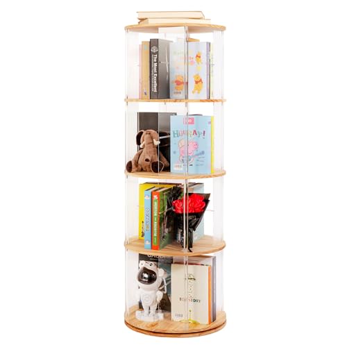 TAKEKIT 360° Rotating Bookshelf, 4-Tier Spinning Book Shelf Tower with Solid Wood & Clear Acrylic, Round Revolving Bookcase for Living Room, Bedroom and Office