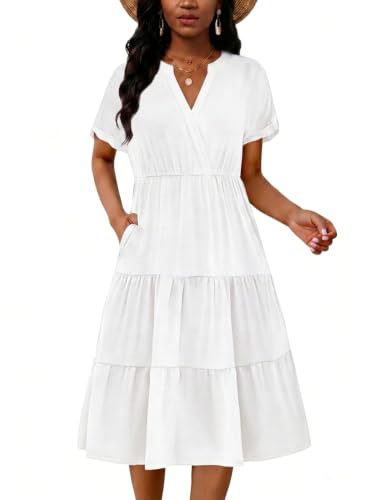 Image of PerZeal Women's Casual Tiered Midi Dress with Pockets - V Neck Short Sleeve Elastic Waist Ruffle Summer Dress for Daily Wear