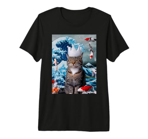 Weird Cat with Koi and Great Wave of Kanagawa Premium T-Shirt