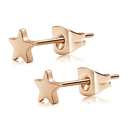 Pendientes de estrella de titanio hipoalergénico sin níquel para pieles sensibles Pendientes planos pequeños para adolescentes y mujeres (Star-Rose Gold)
