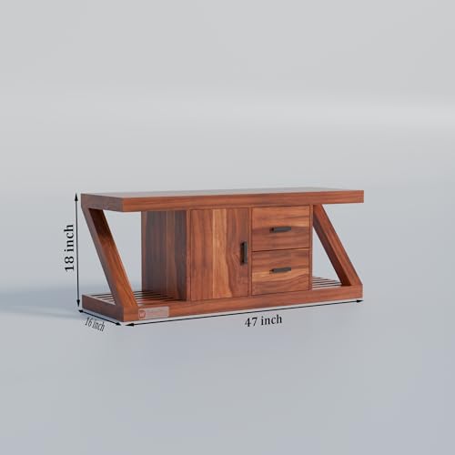 Image of DRIFTINGWOOD Zenith Modern Z-Shape TV Console for Up to 50 Inch TV, Solid Sheesham Wood Media Stand with 3 Storage Compartments (1 Cabinet, 2 Drawers), Honey Finish