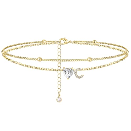 MYYOII Ankle Bracelets for Women Waterproof 14K Gold Plated CZ Initial Anklet for Women Dainty Layered Letter Heart Ankle Bracelets Handmade Adjustable Foot Chain Anklet Summer Beach Jewelry C by MYYOII - Used condition - US$12.94